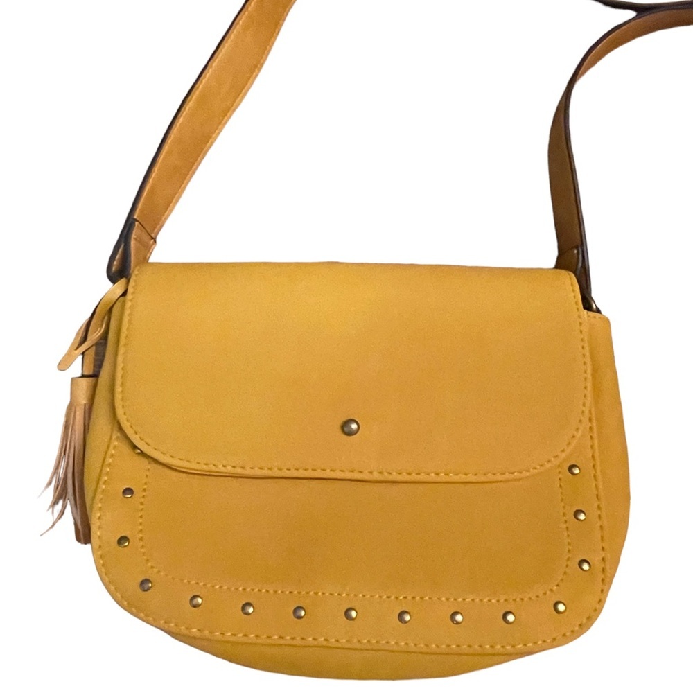 Mustard gold crossbody‎ bag with tassel and studded accent, vegan leather